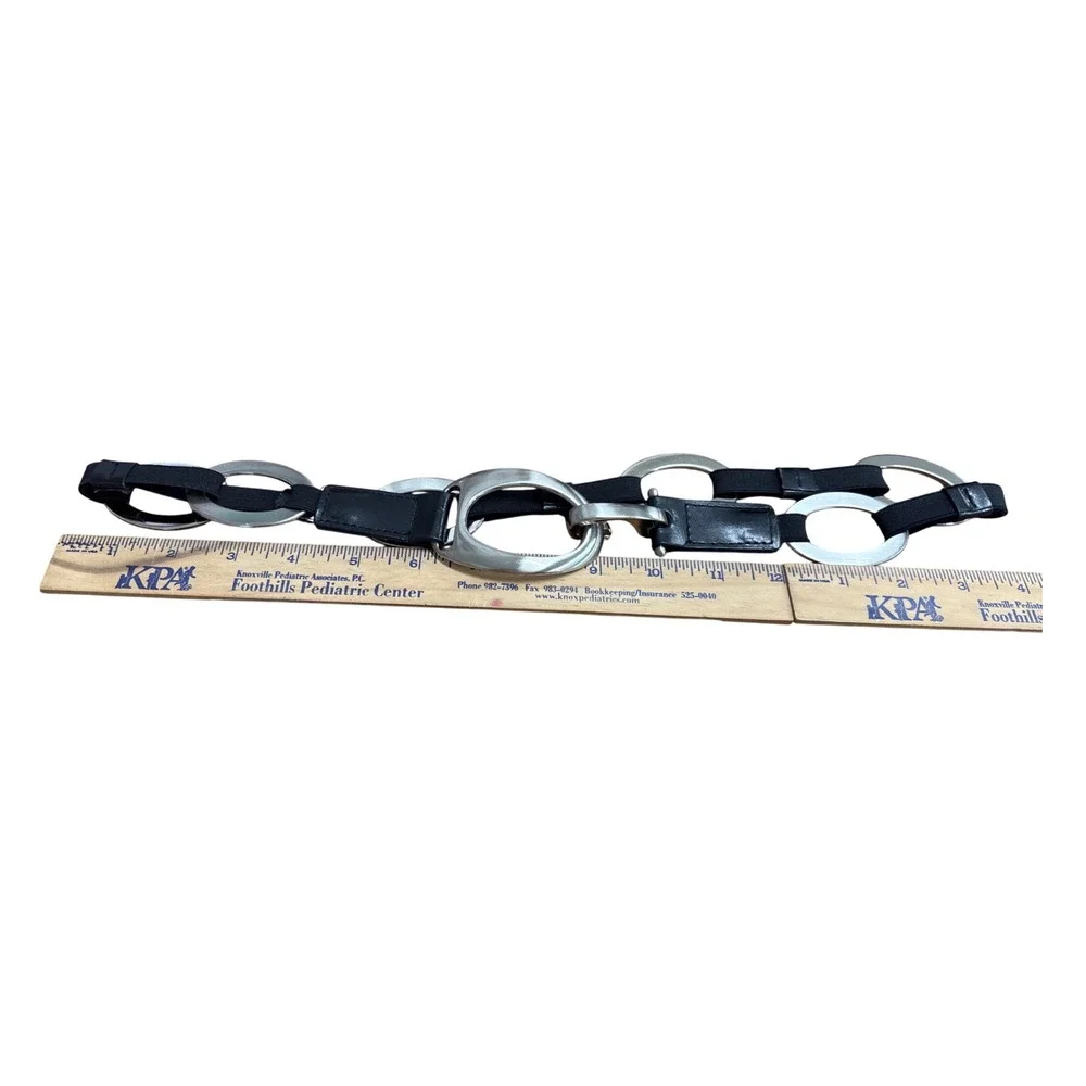 Womens Black Elastic Chain Link Belt Silver Oval Buckle Stretchy Waist Cinch